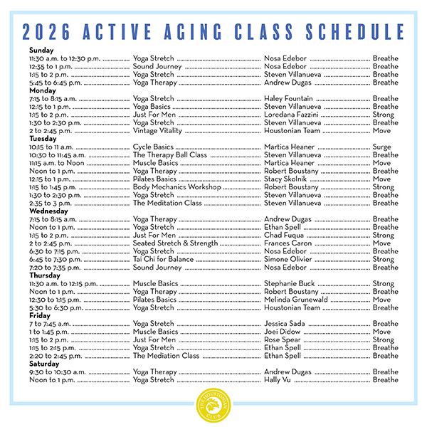 2026 Active Aging Class Schedule
