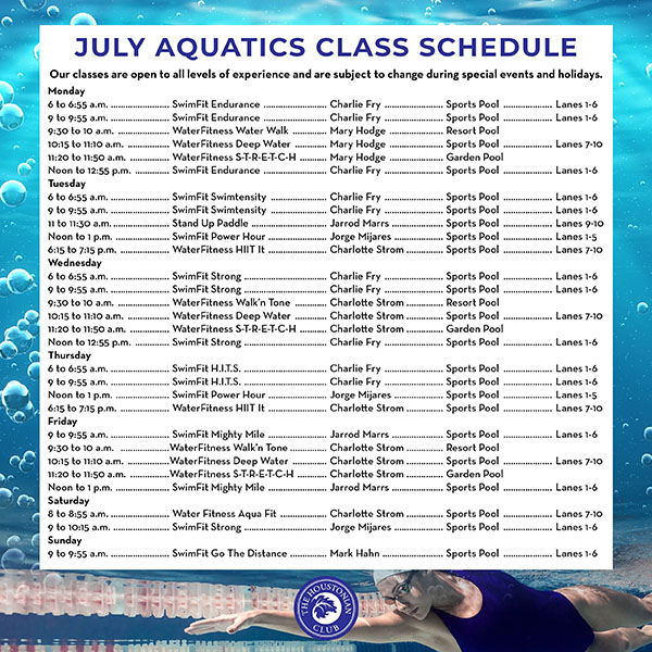 July Aquatics Class Schedule
